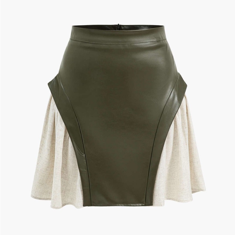 Olive Green Faux Leather Mini Skirt with Cream Flared Panels